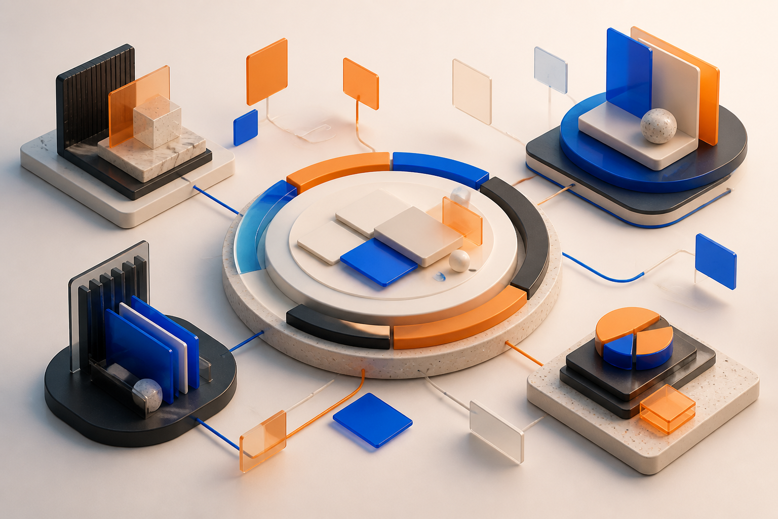 Connected abstract workspaces illustrating team collaboration